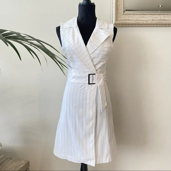 CUE Size 4 White striped Faux Wrap Cotton Summer Dress with Belt Light Stretch - Picture 5 of 10